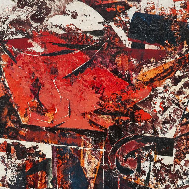 Abstrakta kompozīcija ar dinamiskām ģeometriskām formām un intensīviem sarkaniem, melniem un baltiem krāsu laukumiem, ar izteiktu faktūru un kontrastu.