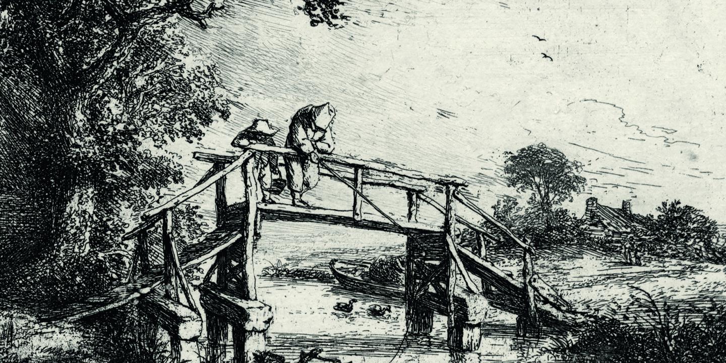 A graphic artwork depicting two people on a wooden bridge in a rural landscape with a stream, trees, and a house in the background.