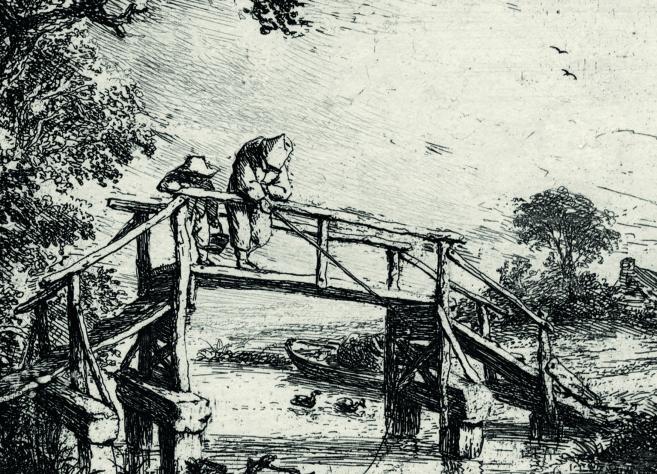 A graphic artwork depicting two people on a wooden bridge in a rural landscape with a stream, trees, and a house in the background.