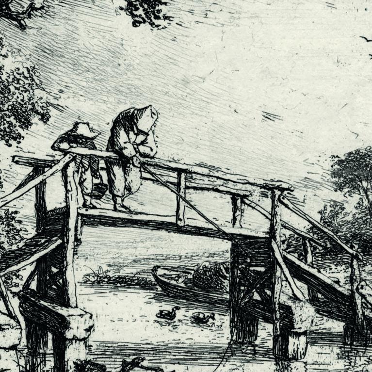 A graphic artwork depicting two people on a wooden bridge in a rural landscape with a stream, trees, and a house in the background.