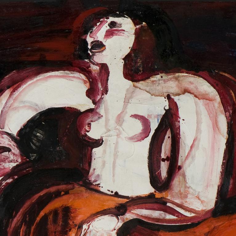 An expressive painting depicting a female figure in red, brown, and black tones, with bold lines and a strong emotional atmosphere.