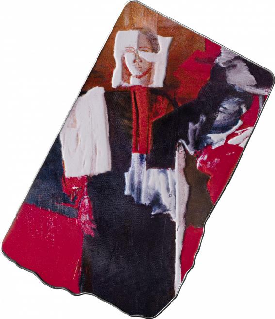 Obverse of a coin featuring an abstract colorful painting depicting a female figure in red, white, and black tones.