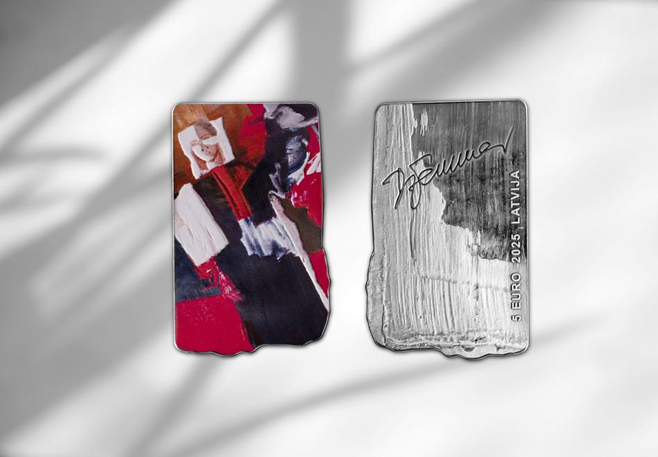 Two-sided view of a commemorative coin featuring Džemma Skulme’s painting on the obverse and her signature with paint stroke texture and the inscription “5 EURO 2025 LATVIA” on the reverse.