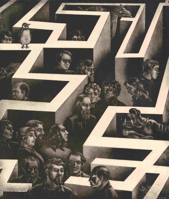 Melnbalta grafika ar labirinta formas arhitektūru, kuras iekšpusē un ejās redzamas dažādu cilvēku galvas un mitoloģiski tēli, radot noslēgtības, apjukuma un eksistenciālas spriedzes sajūtu.