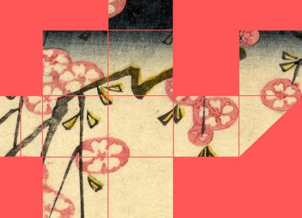 Fragmentēts grafisks attēls ar stilizētiem rozā ziediem un tumšiem zariem uz gaiša fona, izkārtots ģeometriskā režģī uz koši sarkana laukuma.