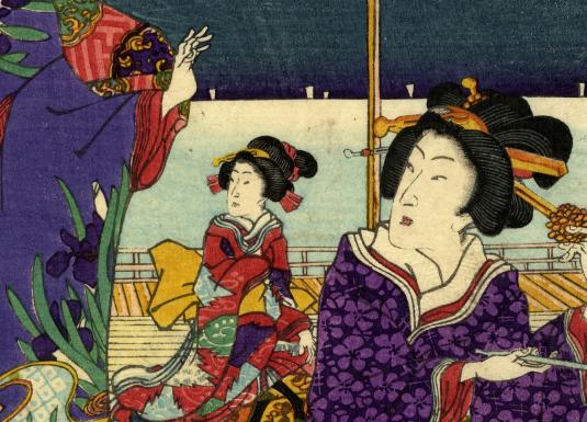 Krāsainā japāņu ksilogrāfijā redzamas vairākas sievietes greznos kimono uz koka terases, ar sarežģītām frizūrām un dekoratīvām matadatām, fonā atklājoties mierīgai ainavai.