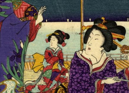 Krāsainā japāņu ksilogrāfijā redzamas vairākas sievietes greznos kimono uz koka terases, ar sarežģītām frizūrām un dekoratīvām matadatām, fonā atklājoties mierīgai ainavai.