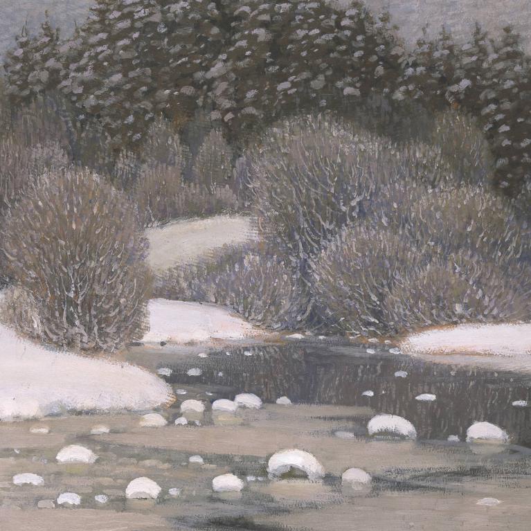 Glezna attēlo mierpilnu, sniegotu ziemas ainavu ar klusu upi, ap kuru slejas apsniguši krūmi un tumši skujkoki zem pelēcīgi zilām ziemas debesīm.
