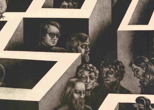 Grafiska melnbalta kompozīcija ar cilvēku portretiem, kas izvietoti ģeometriskā, labirintam līdzīgā telpiskā struktūrā, radot noslēgtības, dezorientācijas un kolektīvas domas plūsmas iespaidu.