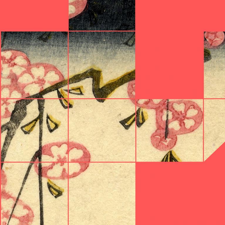 Fragmentēts grafisks attēls ar stilizētiem rozā ziediem un tumšiem zariem uz gaiša fona, izkārtots ģeometriskā režģī uz koši sarkana laukuma.