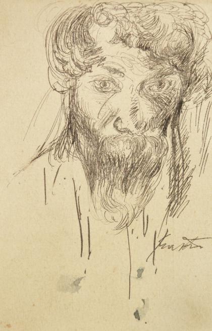 Ekspresīvs zīmējums ar vīrieša portretu, kurā redzama seja ar bārdu un intensīvu skatienu, veidota ar brīvām līnijām.