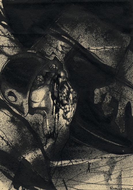 Tumšs, ekspresīvs grafikas darbs ar deformētu cilvēka figūru un abstraktiem, raupjiem triepieniem, kas rada drūmu, dramatisku noskaņu.