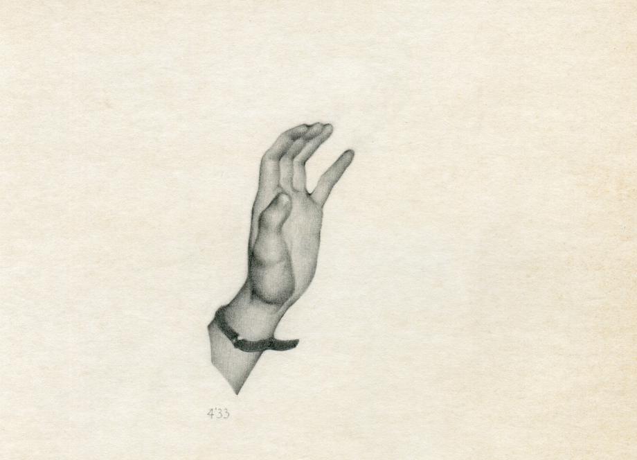 Uz gaiša fona attēlots detalizēts zīmējums ar paceltu cilvēka roku un aproci ap plaukstas locītavu.