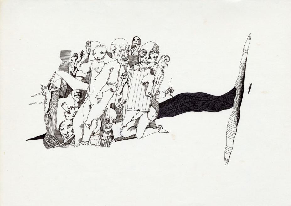 Detalizēts melnbalts zīmējums ar deformētu cilvēku grupu, kas saplūst vienā kompozīcijā, savienotu ar garenu, tumšu formu.