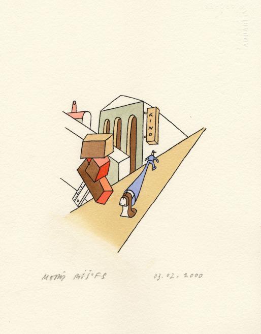 Stilizēts, krāsains zīmējums ar ģeometriskām figūrām un cilvēkiem pie ēkas ar uzrakstu “kino”, veidots rotaļīgā, arhitektoniskā kompozīcijā.