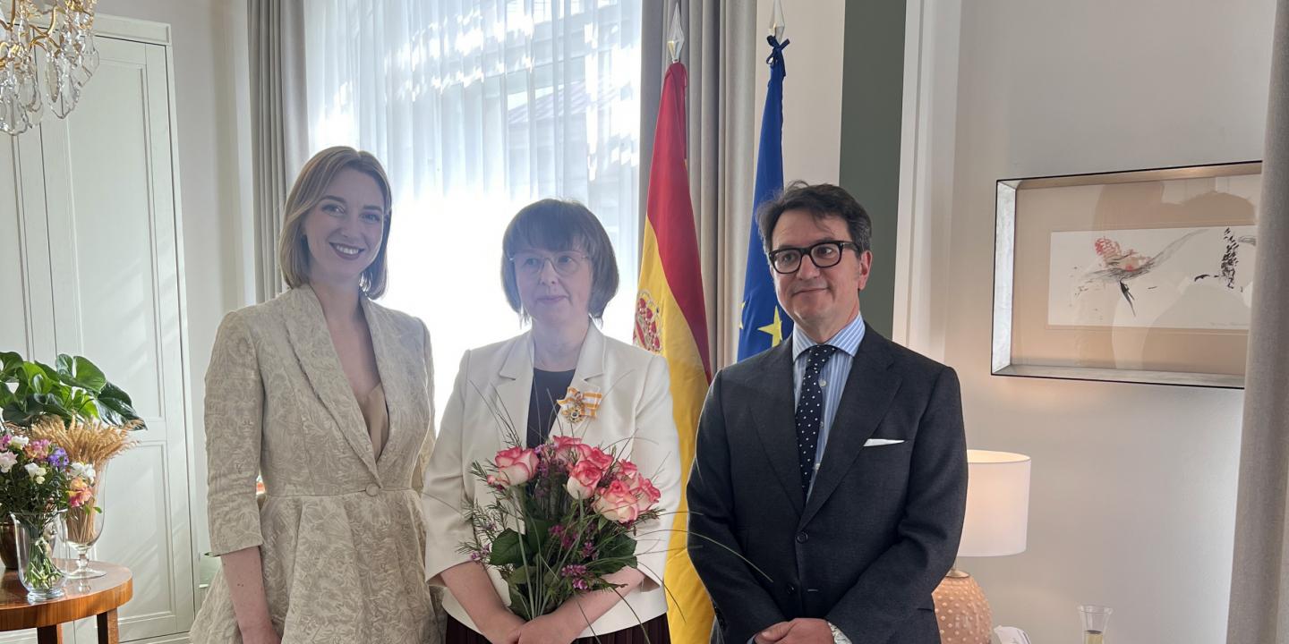 Latvijas Republikas kultūras ministre Agnese Lāce,&nbsp;Mākslas muzeja RĪGAS BIRŽA vadītāja Daiga Upeniece, Spānijas vēstnieks Latvijā V.E. Manuels Alama Oreness. Foto:&nbsp;Ilze Konevala