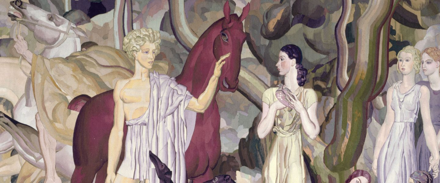 A monumental, stylized composition depicts mythological figures with horses and dogs in a decorative forest setting.