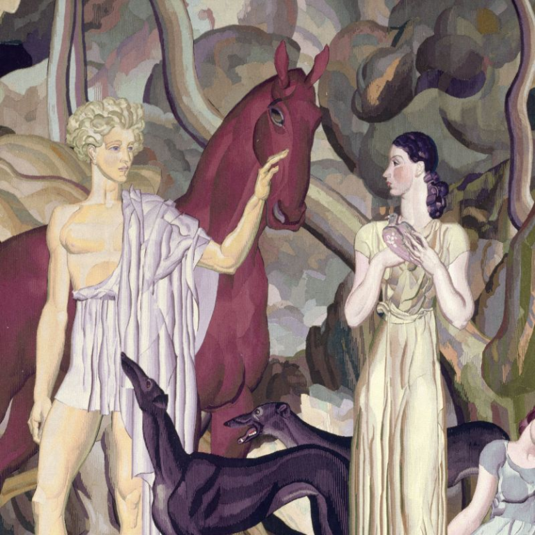 A monumental, stylized composition depicts mythological figures with horses and dogs in a decorative forest setting.