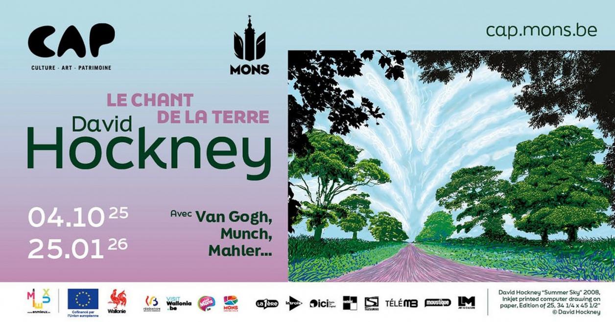 Izstādes plakāts “David Hockney. Le Chant de la Terre” Monsas CAP muzejā, 2025. gada 4. oktobris – 2026. gada 25. janvāris, ar Van Goga, Munka un Mālera darbiem