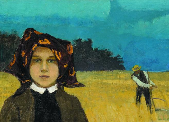 Jāņa Valtera glezna “Zemnieku meitene” (ap 1904) attēlo meiteni ar lakatu galvā zelta labības laukā, fonā redzams pļāvējs un zilas debesis.