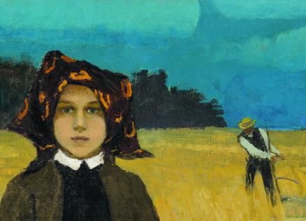 Jāņa Valtera glezna “Zemnieku meitene” (ap 1904) attēlo meiteni ar lakatu galvā zelta labības laukā, fonā redzams pļāvējs un zilas debesis.