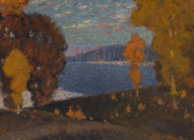 Vilhelma Purvīša glezna “Rudens” (ap 1913) attēlo ainavu ar košiem dzelteniem un sarkaniem kokiem pie ezera, zem mainīgām debesīm.