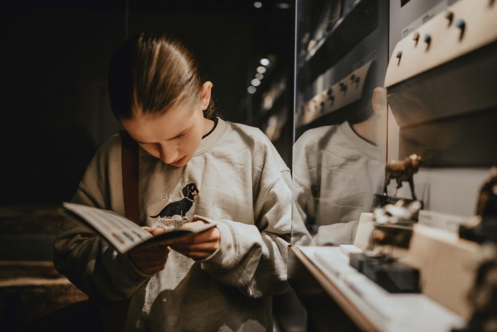 Meitene, stāvot pie vitrīnas ar mākslas priekšmetiem, pēta muzeja bukletu.
