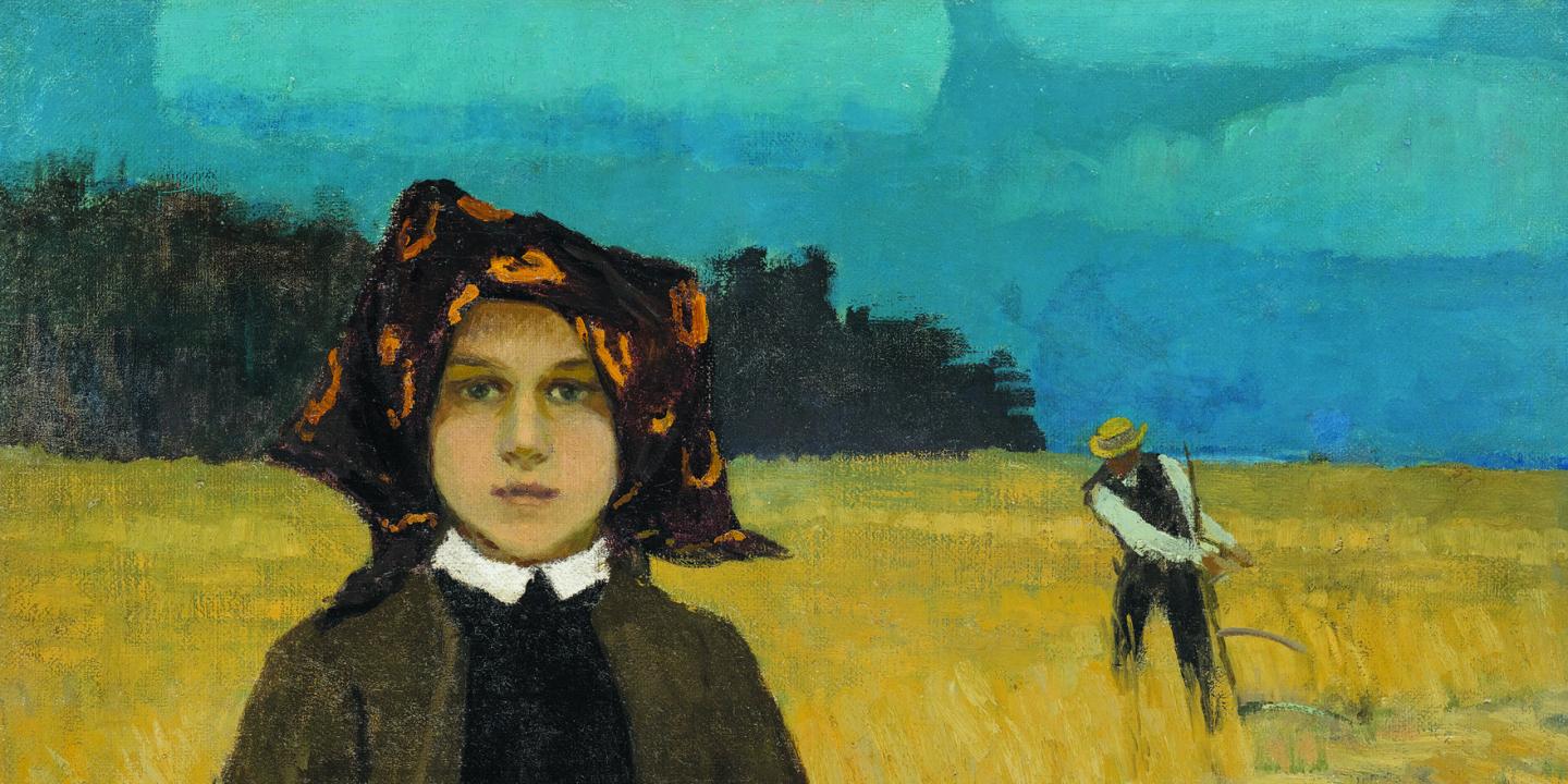 Jāņa Valtera glezna “Zemnieku meitene” (ap 1904) attēlo meiteni ar lakatu galvā zelta labības laukā, fonā redzams pļāvējs un zilas debesis.