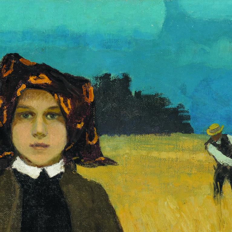 Jāņa Valtera glezna “Zemnieku meitene” (ap 1904) attēlo meiteni ar lakatu galvā zelta labības laukā, fonā redzams pļāvējs un zilas debesis.