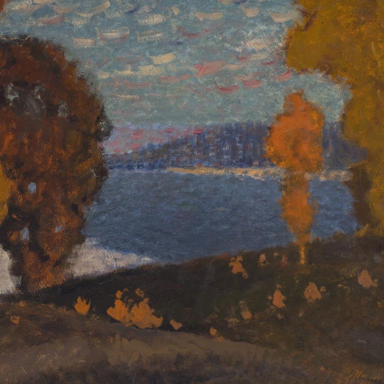 Vilhelma Purvīša glezna “Rudens” (ap 1913) attēlo ainavu ar košiem dzelteniem un sarkaniem kokiem pie ezera, zem mainīgām debesīm.