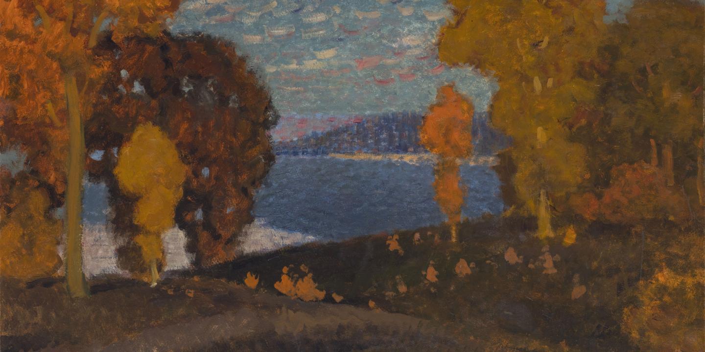 Vilhelma Purvīša glezna “Rudens” (ap 1913) attēlo ainavu ar košiem dzelteniem un sarkaniem kokiem pie ezera, zem mainīgām debesīm.