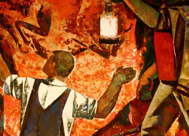 Gleznojums ar cilvēkiem un luturiem rokās.