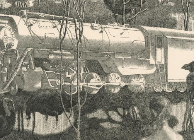 Graphic artwork depicting a steam locomotive in a forest scene, with birds and a human silhouette in the foreground.