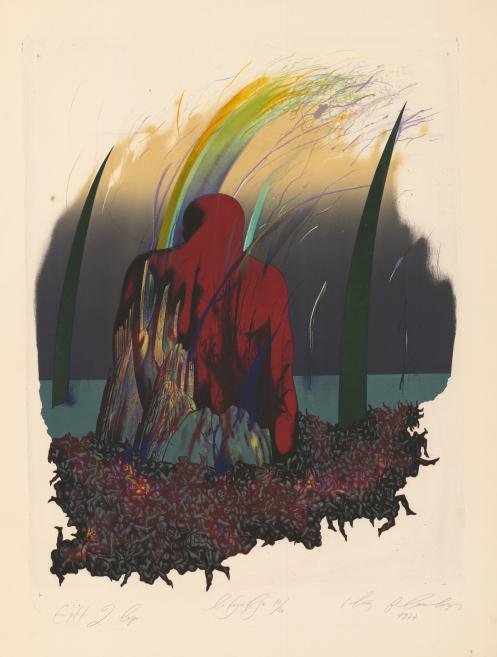 Color lithograph featuring a human figure in a red cloak against an abstract background with dynamic lines.