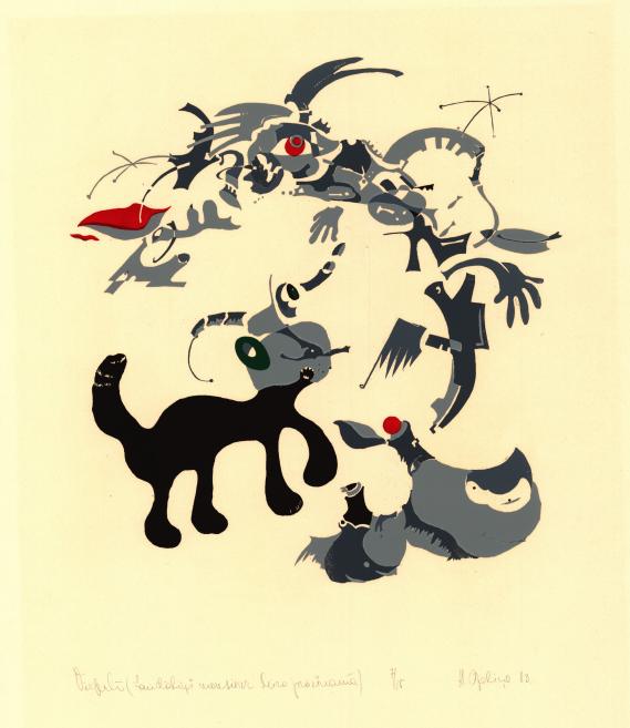 Abstract color composition with playful shapes and lines on a light background.