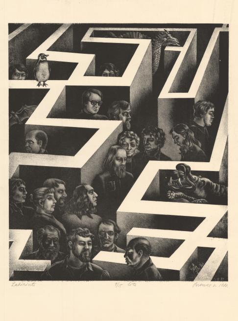 Graphic artwork showing human portraits and animals within a labyrinth structure.